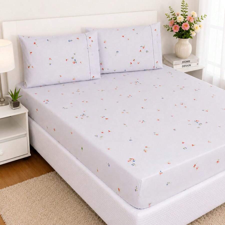 Double Sheet Set With Elastic, 3 Pieces, 100% Cotton, Pillowcase With Stick Stitch Detail, Printed Bed Linens - Hoa đẹp - Xem 1