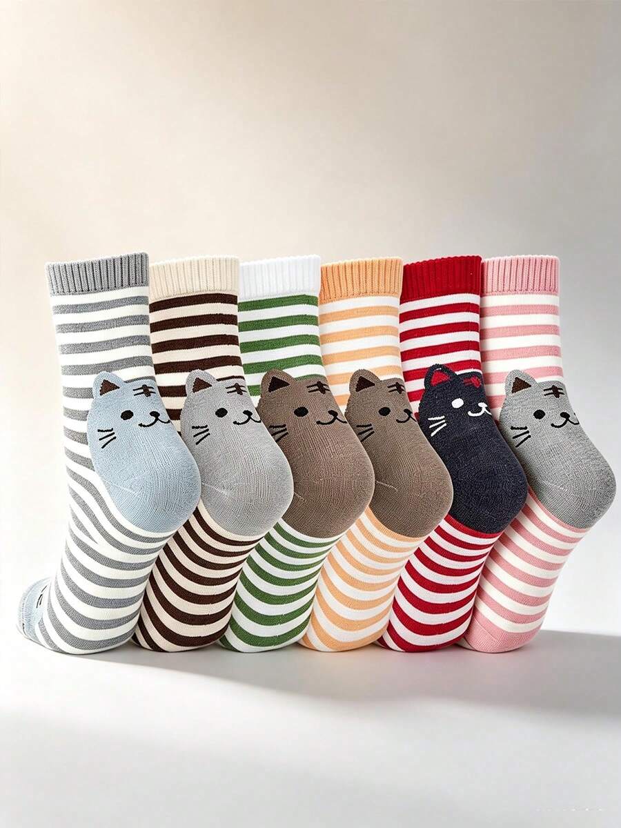 6 Pairs Women's Striped Mid-Calf Socks, Simple Cute Cartoon Cat Print On Heel, Versatile Daily Street Casual Mid-Calf Socks, Multi-Color Assortment - Multicolor - View 1