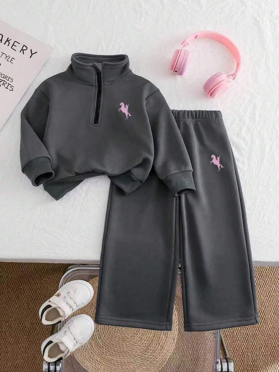Girls' Equestrian Heat Transfer Print Solid Color Sportswear Set, Minimalist Design, Comfortable For Spring, Autumn, Winter, 2 Pieces Outfit - Grey - View 1