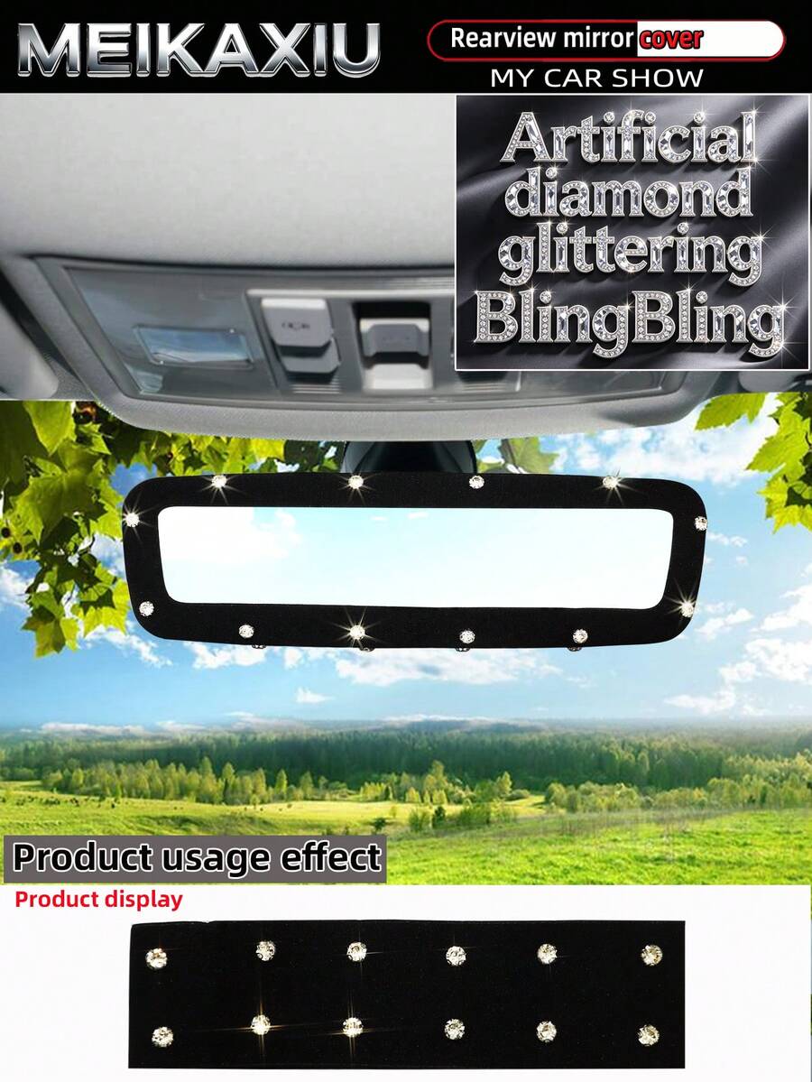 MEIKAXIU Sparkly Fabric With Artificial Rhinestones Blingbling Elastic Car Rearview Mirror Cover, Car Interior Rearview Mirror Sleeve Decorative Accessory For Women - Faux Diamond Style - View 1