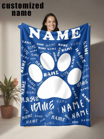 Personalized Dog Paw Print Flannel Blanket - Customizable Name, Perfect For Sofa, Bed, Office Warmth And Comfort - Ideal Gift For Pet Owners, Family And Friends