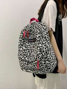 Nylon Backpack, Black And White Leopard Print, Pink Zipper And Logo Patch, Multi-Pocket Large Capacity School Bag, Y2K Style, Suitable For Teenage Girls Daily Campus Outings - Black and White - View 3