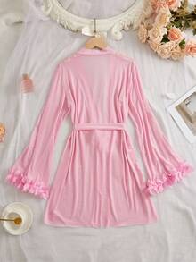 Women's Deep V-Neck Shoulder Strap 3D Floral Sleeveless Nightgown, Comfortable Skin-Friendly, Sweet Romantic, Suitable For Home Use - Pink - View 3