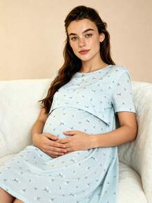Hart & Haze Postpartum Women Casual Maternity Sleepwear, Round Neck Simple Printed Short Sleeve Nightgown, Cozy & Comfortable Maternity Loungewear - Multicolor - View 2