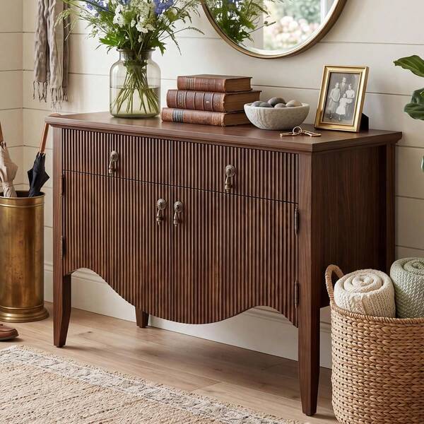 Gabinete de almacenamiento acanalado de 40", Aparador Credenza, Roble Claro | Retro, Gabinete de almacenamiento, Aparador Credenza acanalado, 2 cajones, Variante de barra de acento 1