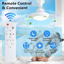 2PCS 16.5'' Socket Fan Light With Retractable Invisible Blades, Remote Control 3 Color Dimmable Ceiling Fan Lamp, 3 Speeds, 1/2/4H Timer Quiet Small Fan Light Fixture For Bedroom Laundry Office Garage, Base Not Included - White - View 5