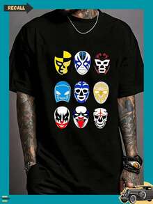 Soft T-Shirt For Men With Wrestling Mask Design For Wrestling Fans And Carnival Enthusiasts, Perfect Gift For Men Who Love Mexican Culture And Festive - 黑色 - 查看 1