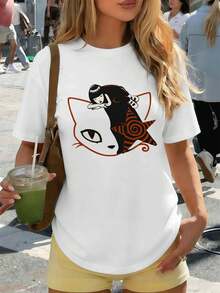 Casual T-Shirt With Cat Graphic Print, 100% Cotton, Crew Neck, Loose Fit, Comfortable, Street Hip-Hop Style - White - View 1