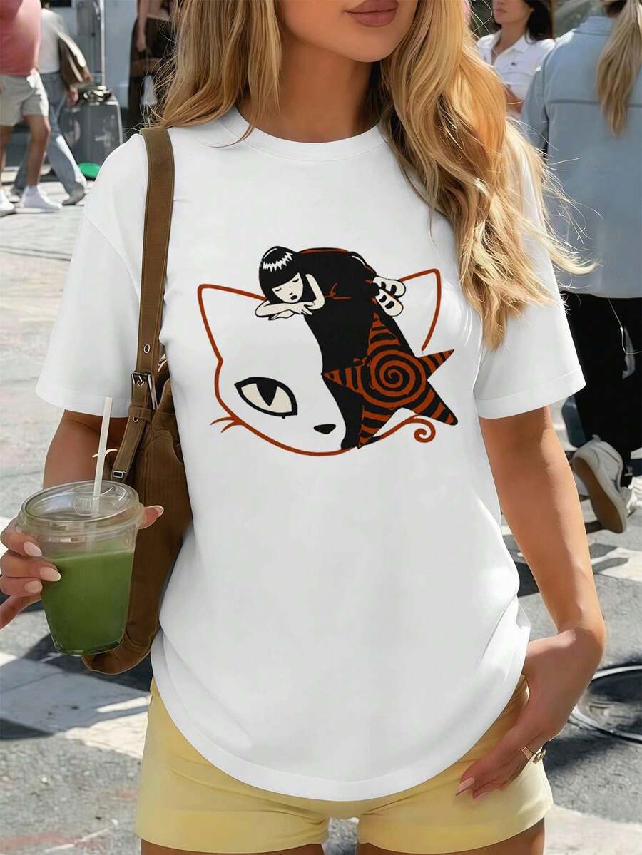 Casual T-Shirt With Cat Graphic Print, 100% Cotton, Crew Neck, Loose Fit, Comfortable, Street Hip-Hop Style - White - View 1