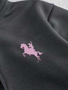 Girls' Equestrian Heat Transfer Print Solid Color Sportswear Set, Minimalist Design, Comfortable For Spring, Autumn, Winter, 2 Pieces Outfit - Grey - View 3
