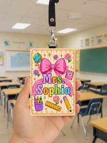1pc Custom Teacher Name Big Pink Bow Luggage Tag,Striped Badge Holder Lanyard,ID Card Sleeve,Teacher Appreciation Gift,Back To School,First Of School - Multicolor - View 13