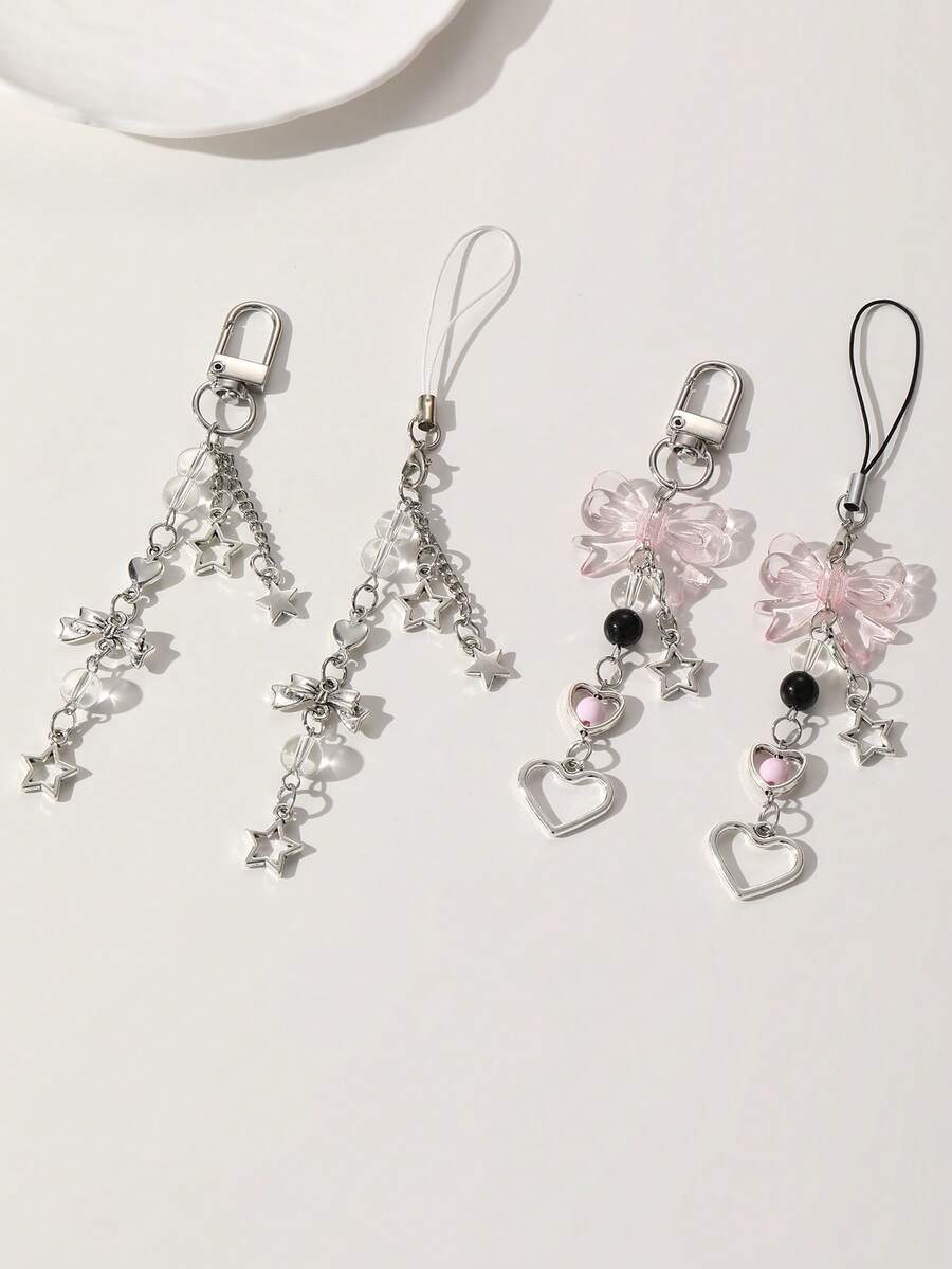 1 pièce/4 pièces Chaîne de téléphone style Y2K mode femme, nœud rose doux, étoile argentée, étoile à cinq branches, cœur, perles roses & argentées, pendentif de sac, décoration de sac de chaîne de téléphone créative, convient comme cadeau pour la meilleure amie pour la rentrée scolaire - Multicolore - Voir 1