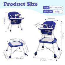 Baby High Chair With Table, Kids High Chair With  Harness And Anti-Tip Protection - 藍色 - 查看 2