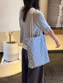 韓系小眾設計 Ins 風波點時尚女款大容量單肩托特包，隨性通勤、外出、日常購物腋下單肩購物包 - 霧霾藍 - 查看 5