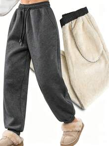 Pantalones de chándal con forro térmico para mujer, aptos para uso casual en otoño/invierno, cálidos y cómodos para deportes en clima frío - Gris Oscuro - Ver 1