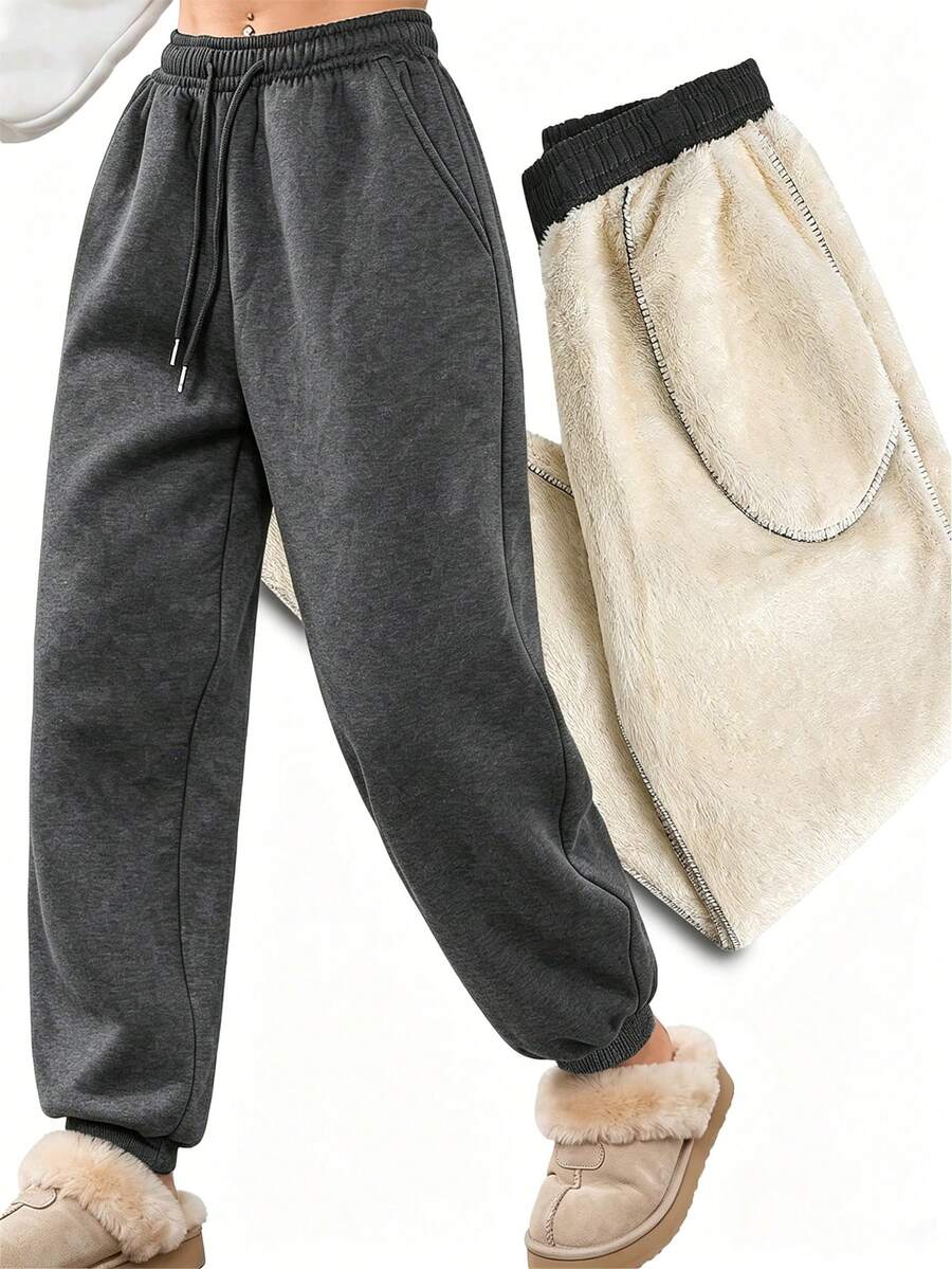Pantalones de chándal con forro térmico para mujer, aptos para uso casual en otoño/invierno, cálidos y cómodos para deportes en clima frío - Gris Oscuro - Ver 1