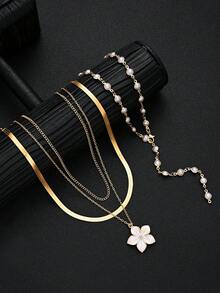 4pcs Multi-Layer Stackable Fashion Minimalist Elegant Exquisite Vintage Design Geometric Floral Oil-Drop Faux Pearl Glossy Snake Chain Minimalist Metal Style Pendant Necklace Set, Holiday Vacation Party Date Gift, Daily Commute Wear, Personalized - Yellow Gold - View 4