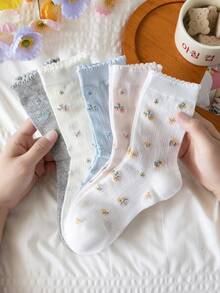5 Pairs Women's Soft Floral Lace Trim Mid-Calf Socks, Spring/Summer Thin Breathable Non-Binding, Random Assorted Colors - Multicolor - View 3