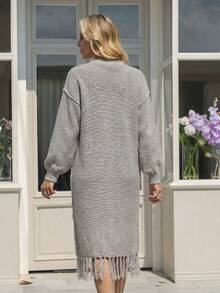 BuyK [Top]Vintage Bohemian Style Knitted Long Cardigan, Loose Drop Shoulder, Front Tie Closure, Reversible, Tassel Hem, Neutral Gray-Brown Fall - Grey - View 4