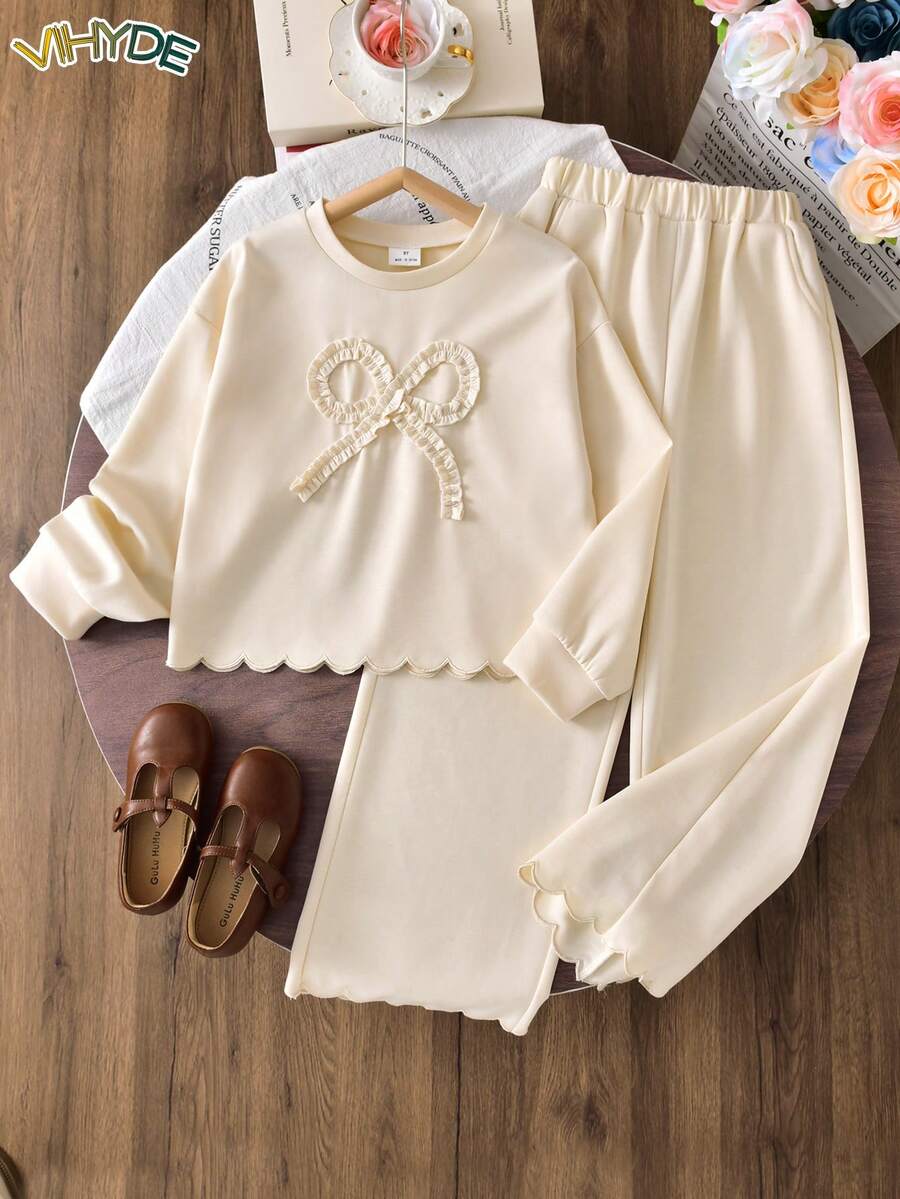 Vihyde Tween Girls Autumn/Winter 3D Bow Crew Neck T-Shirt & Wavy Hem Wide Leg Pants 2 Pieces Set - Apricot - View 1