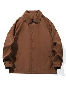 1pc Men's Coffee Brown Lapel Jacket, Smooth Woven Fabric, Easy Care, Classic Small Lapel Design, Flattering Neckline, Snap Button Closure, Casual Style, Versatile All-Match Solid Color Outerwear For Daily Commute And Leisure Outings - Coffee Brown - View 3