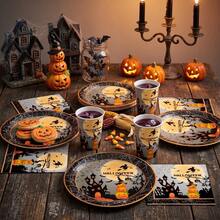 10/20/50/80pcs Halloween Horror Party Tableware Set, Haunted House Witch Flying Pumpkin Layered Paper Plates Cups Napkins, Halloween Disposable Plates, Pumpkin Lantern, Witch, Castle And Spider Web Pattern, Halloween Trick Or Treat Horror Decoration Supplies - View 5