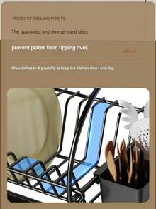 2-Tier Black Kitchen Dish Drying Rack, Automatic Drainage, Rust-Proof, With Utensil Holder, For Drying Dishes, Space-Saving Kitchen Storage Organizer - Multicolor - View 8