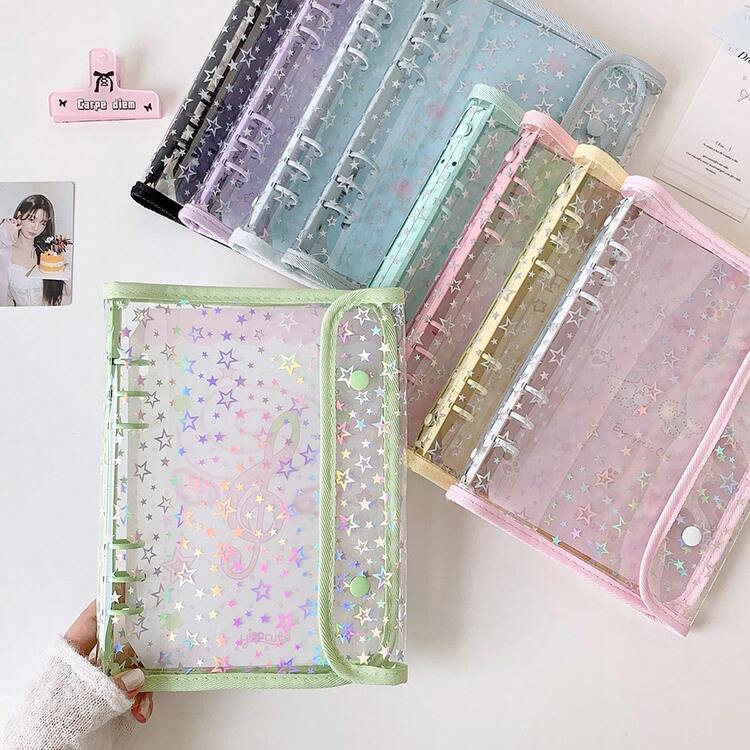 1pc Shiny Cartoon A5 Star Loose-Leaf Double Snap Photo Album, Student 4-Grid Small Card Storage Binder, Multi-Purpose Student Loose-Leaf Cover Notebook - Photo Album - View 1