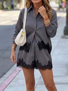 Plus Size Women Grey Striped Lace Trim 2 Pieces Outfit, Long Sleeve Shirt & Shorts Pajama Set, Minimalist Elegant For Back To School Commute Party Daily Wear - Grey - View 6