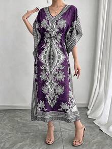 Middle Eastern Arabic Tie-Dye Colorblock Loose V-Neck Casual 2-In-1 Elastic Slimming Vacation Short Sleeve Long Maxi Dress Cover-Up Robe Fall - Violet Purple - View 2