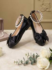 1 Pair Girls' Shiny Black Mary Jane Flat Shoes, Bow Pearl Buckle Ankle Strap Round Toe Princess Wedding Party Formal Shoes, Children's Fashion Elegant Shoes - Black - View 4