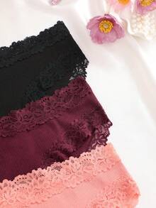 3件組純色棉質羅紋蕾絲拼接性感舒適女款三角內褲 - 彩色 - 查看 7