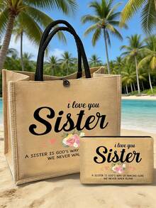 I Love You Sister Linen Tote Bag, Makeup Bag, Minimalist Jesus Letter Print Linen Handbag, Sister Gift, Linen Shopping Bag, Floral Print - Multicolor - View 1