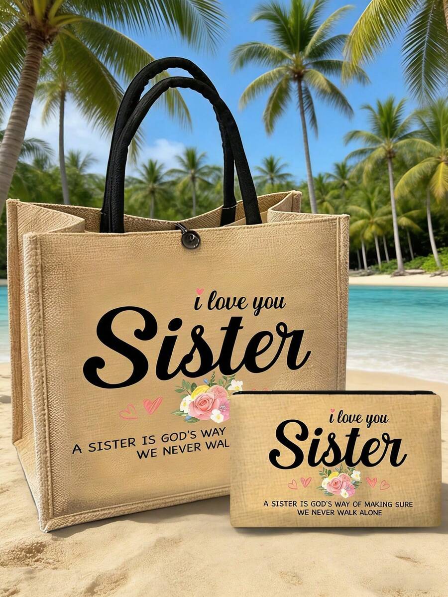 I Love You Sister Linen Tote Bag, Makeup Bag, Minimalist Jesus Letter Print Linen Handbag, Sister Gift, Linen Shopping Bag, Floral Print - Multicolor - View 1