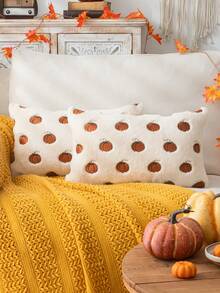 Homemorelove 1/2pcs PV Velvet Small Pumpkin Embroidered Pillow Case, Autumn Decor, Thanksgiving, Halloween Atmosphere Home Decoration Throw Pillow, Suitable For Living Room, Bedroom, Sofa, Pillow Insert Not Included - Off-white Rabbit Fur Dark Brown - View 9