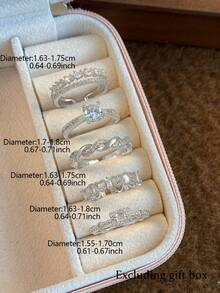 5pcs Luxury Cubic Zirconia Heart-Shaped Open Copper Ring Set, Suitable For Women's Dating And Party Wear (Gift Box Not Included) - Silver - View 3