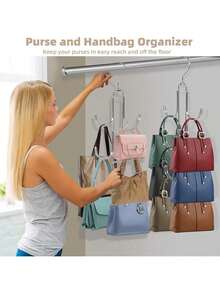 1 Pc Rotating Wallet Holder, 6 Large Hooks, 360° Swivel Display Rack, Space Saving Foldable, For Handbags Belts Scarves Ties, Closet Hanging Storage, Purse Display Stand, Sturdy Durable, Easy Access, Keep Closet Tidy - Silver - View 7