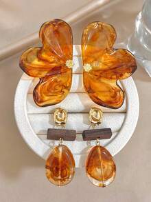 Luxuy Retro Amber Large Asymmetric Petal Drop & Wooden Dangle Earrings, Gold Jewelry Gift, For Daily Party Birthday Valentine's Day, Boho/Y2K - Multicolor - View 7