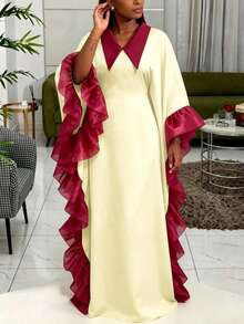 Gaun Bubu Afrika Sederhana dengan Blok Warna, Potongan Longgar, Lengan Kelelawar Samping Berkerut, dan Detail Tarikan, Gaun Maxi Elegan untuk Acara Formal Gereja, Warna Kuning Musim Gugur - Kuning - View 5