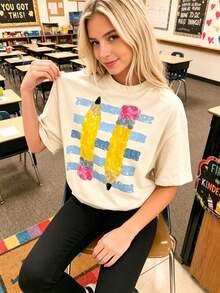 Retro Pencil Graphic Teacher Tee Cute Alphabet Print Classroom Top Breathable Cotton Casual Shirt For Educators Back To School - Apricot - View 2