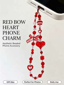 1pc Cute Y2K Red Bow Heart Beaded Phone Wrist Strap Lanyard, Transparent Crystal Bead Phone Charm, Bag & Key Pendant, Gift For Women & Teenage Girls (Hot-Selling, May Use Random Beads Instead) - Red - View 7