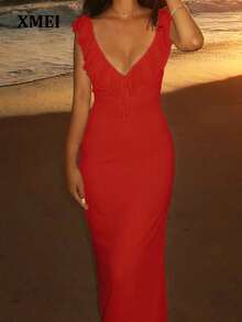 Vestido ceñido y sensual con volantes y lazo para boda, fiesta de primavera, elegante verano en color rojo - Rojo - Ver 2