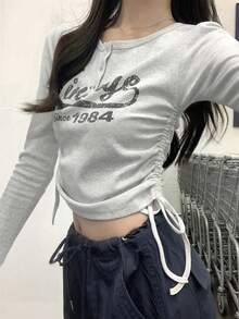Autumn/Winter Korean Style Slim Fit Letter Print Drawstring Button Design Long Sleeve T-Shirt Top Casual - Grey - View 1