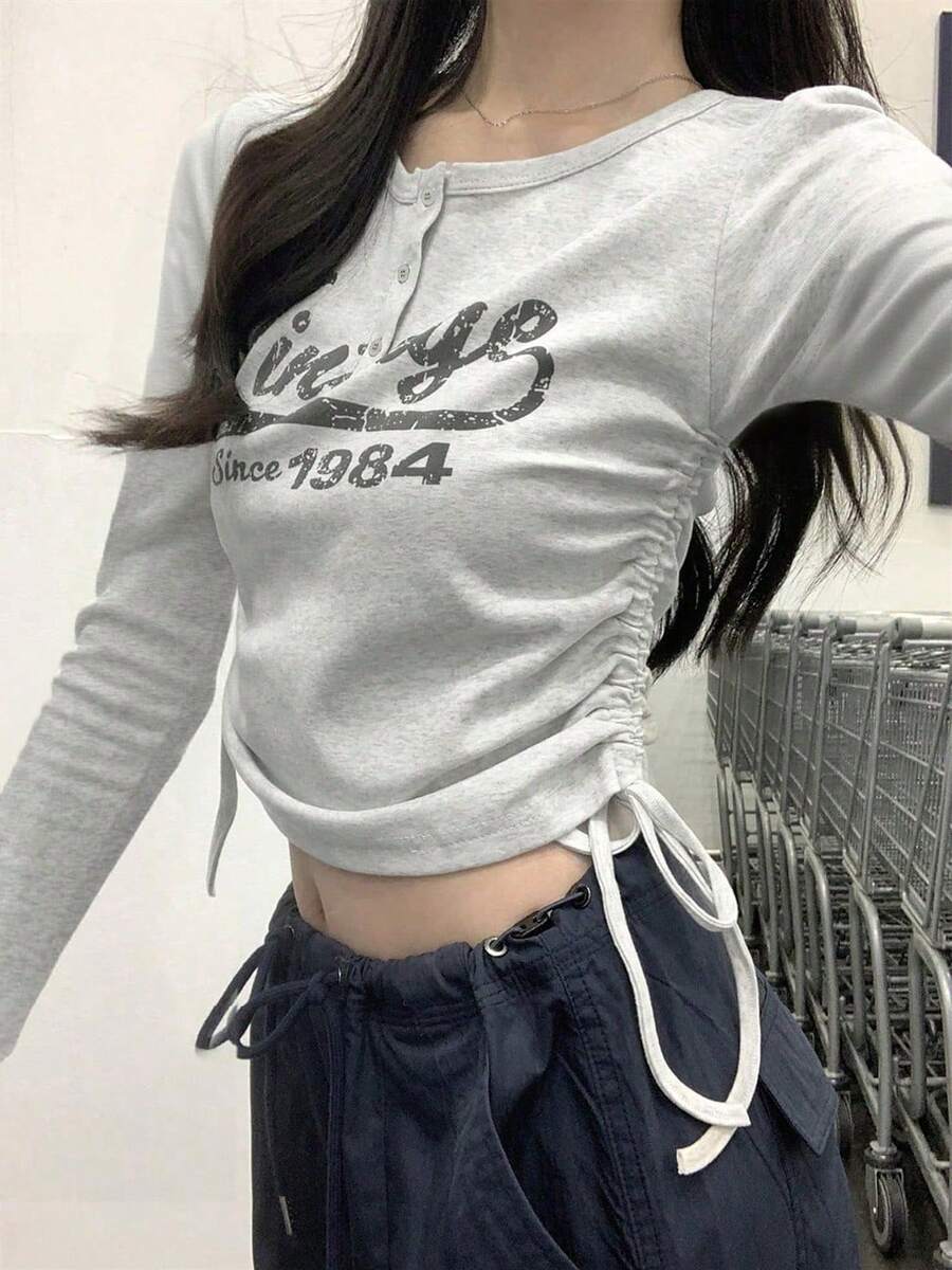 Autumn/Winter Korean Style Slim Fit Letter Print Drawstring Button Design Long Sleeve T-Shirt Top Casual - Grey - View 1