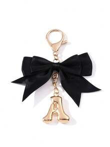 1pc Ins Korean Style Gentle Black Satin Bow Keychain, Metal 3D Letter Lobster Clasp Keyring, Minimalist Premium Backpack Charm - Multicolor - View 12