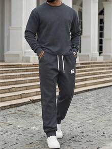 Men's Spring Minimalist Fashion Solid Color Versatile Comfortable Soft Skin-Friendly Outdoor Casual Crew Neck Pullover Sweatshirt And Drawstring Elastic Waist Long Pants Set - Dark Grey - View 1