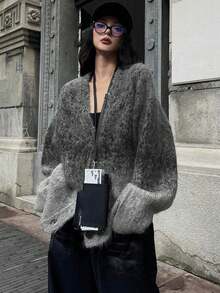 Autumn/Winter Chinese-Style Tie-Dye Hollow Knit Cardigan, Relaxed Fit Drop Shoulder V-Neck Jacket - Grey - View 1