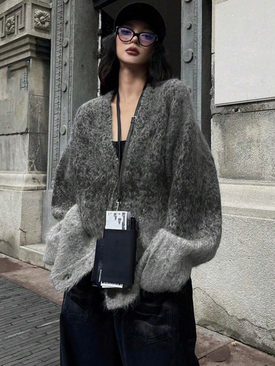 Autumn/Winter Chinese-Style Tie-Dye Hollow Knit Cardigan, Relaxed Fit Drop Shoulder V-Neck Jacket - Grey - View 1