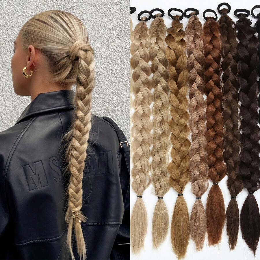 24 Inch Hand-Woven Ponytail, With Elastic Rubber Band, Synthetic Fiber Long Braid, Suitable For Women's Daily Use - Multicolor - View 1