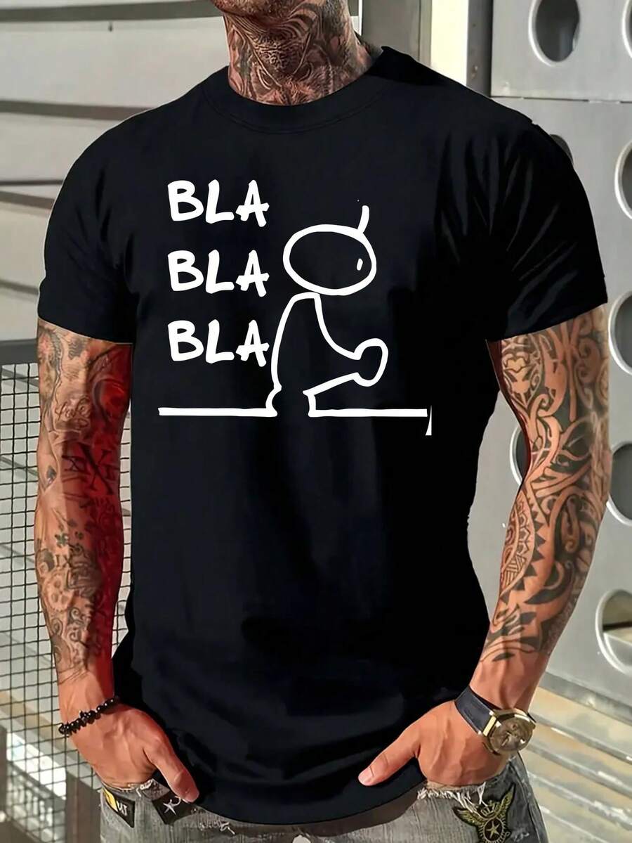 Magliette estive da uomo con una divertente stampa "Bla Bla Bla" - Comoda e giovanile t-shirt in cotone, perfetta per look casual, viaggi e outfit dallo stile moderno. - nero - Visualizzare 1